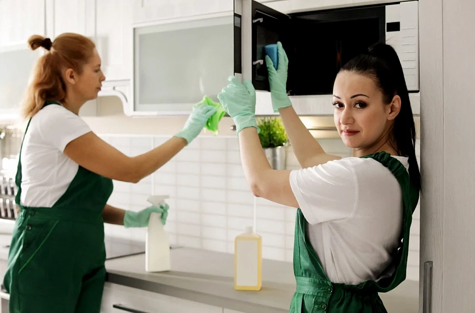 Cleaning upholstered furniture and tidying up the kitchen