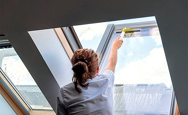 Cleaning roof windows in the house